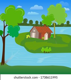 Beautiful island landscape illustration. Sea, house, tree, sky, cloud. 