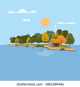 Beautiful Island landscape view on river or lake, autumn. Forest lonely house. Vector illustration background trendy flat style