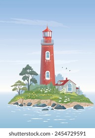 Schöne Insel mit Leuchtturm. Atemberaubende Aussicht Bildschirmhintergrund. Vektorillustration