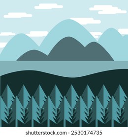 Beautiful island, ocean, mountain, and pine tree forest in flatten design style.