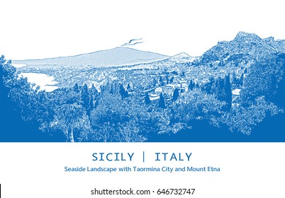 Beautiful Island of Sicily, Italy. Seascape with Mount Etna and Italian Cities (Catania and Taormina). Blue colored image. Vector illustration in engraving style.
Monochrome auto-trace.
