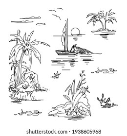 Beautiful island sketches set on white background. Landscape with palm trees, beach, sea, sun, clouds, birds, crocodile, parrot, fisherman. Drawn tropical landscape. Vector hand drawn style.