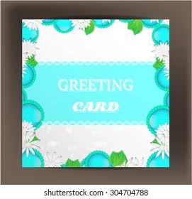 Beautiful, isolated greeting card with many blue and white, glossy flowers, green leaves, dark background