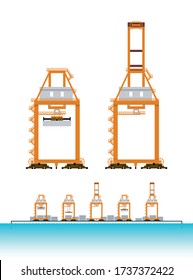 The beautiful isolated info graphic vector of various big Post Panamax cranes front view for sea port and terminal in transportation logistics business in working and stop progress on white background