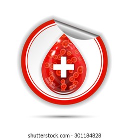 Beautiful, isolated label, sticker with red, glossy drop with blood cells and white cross, white background