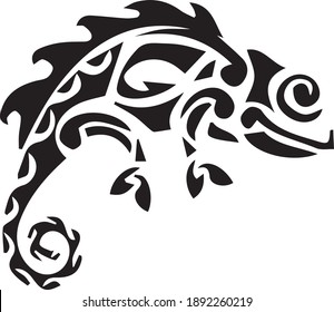 Hermoso aislado en el fondo blanco, ilustración vectorial del tatuaje tribal con silueta de camaleón de estilo negro
