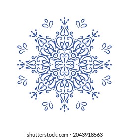 Beautiful Isolated One Snowflake on a White background. Snow Star in a Lace Line Style. Dark Blue Color. Modern Ornament. Illustration and Decoration for Festive and New Year Design. Vector.
