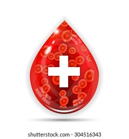 Beautiful, isolated red drop with many blood cells and white cross, white background