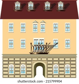 A beautiful isolated single retro building with arc, balcony and windows.