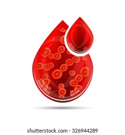 Beautiful, isolated two red drops with many blood cells, white background