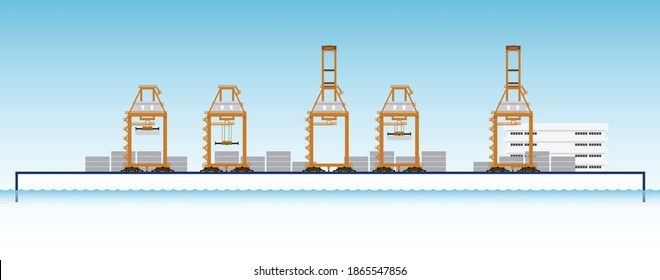 The beautiful isolated vector of various big Post Panamax gantry cranes front view, container and office building for sea port and terminal in transportation logistics business blue sky background