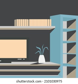 Beautiful isometric 2D illustration of a room with TV,cabinet,chest of drawers and shelves,with flowers books and pictures on the wall in a nice color scheme