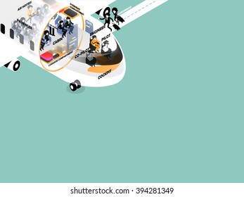 beautiful isometric cross section design of air plane and aviation personnel consist of pilot, co-pilot, engineer in cockpit and air hostess, air steward, passenger with copy space background