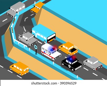 beautiful isometric design of car on the road,driving car on the mountain, ambulance and police car stuck in traffic.