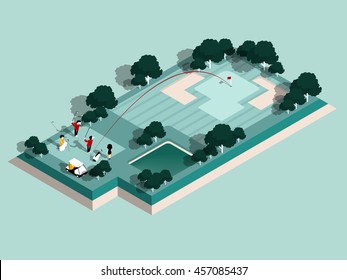 beautiful isometric design of golfers are playing in golf course, graphic design of golf course