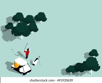 beautiful isometric design of golfers are playing in golf course with copy space, graphic design of golf course background