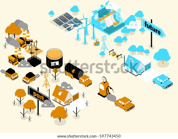 beautiful isometric design\
of renewable energy and fossil fuel energy, future energy source\
design concept