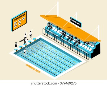 beautiful isometric design of swimming pool, grandstand, swimmer and score board,swimming pool isometric design