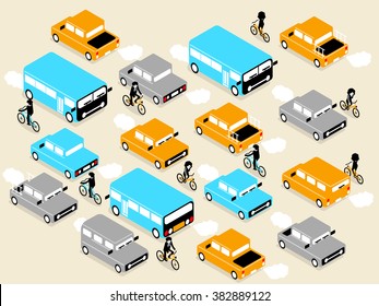 beautiful isometric design of vehicle car and bicycle on the road,on the road design concept