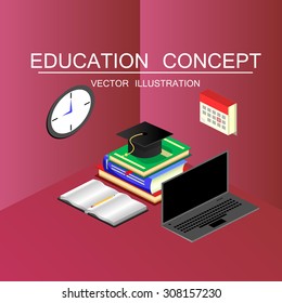 Beautiful isometric education and graduation vector illustration concept. 3d back to school background in flat style 