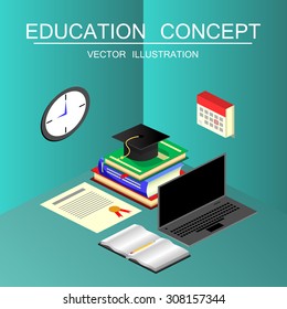 Beautiful isometric education and graduation vector illustration concept. 3d back to school background in flat style