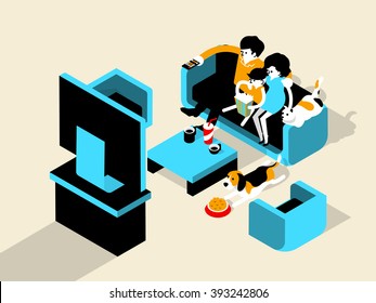 beautiful isometric graphic design of happiness family watching television (TV) and eating pop corn with pets dog and cat,family happiness graphic design concept