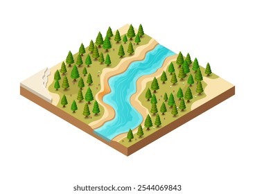 Hermoso río natural isométrico a través del bosque de pinos