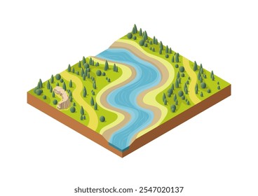 Beautiful isometric natural river through pine forest