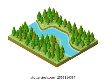 Beautiful isometric natural river through pine forest