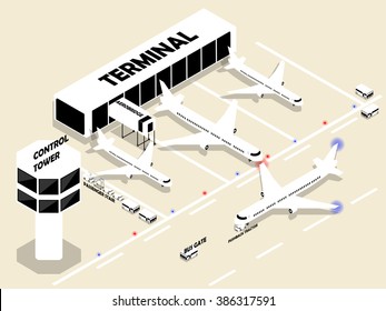 beautiful isometric style of airport with air plans, terminal, aerobridge, control tower and airport transport. Isometric airport building. Airport building with runway. Public transport.