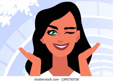 beautiful italian brunette girl portrait smiling and winks