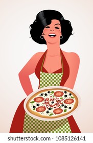 Beautiful Italian cook showing a plate of tomato, olives and cheese pizza. She wears red dress and green checkered apron.