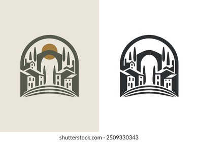 Beautiful Italian countryside landscape logo, emblem, print, sticker. Modern vector illustration, cut out	