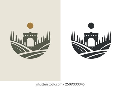 Beautiful Italian countryside landscape logo, emblem, print, sticker. Modern vector illustration, cut out	