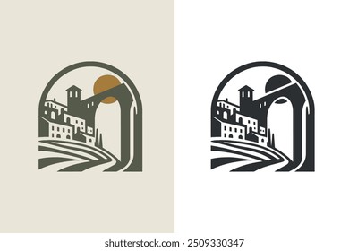 Beautiful Italian countryside landscape logo, emblem, print, sticker. Modern vector illustration, cut out	