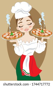 Beautiful Italian girl with two pizzas just baked in the hands