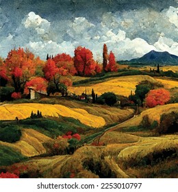 a beautiful Italian landscape in Van gogh style , autumn colors