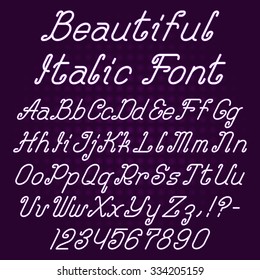 Beautiful italic curly font. Alphabet of ornate capital and lowercase letters with digits and punctuation marks.