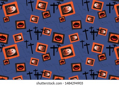 Beautiful jack o’ lantern or pumpkin lighter, bats and cross icon random on the blue background as wallpaper. Halloween vector illustration.