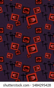 Beautiful jack o’ lantern or pumpkin lighter, bats and cross icon random on the purple background as wallpaper. Halloween vector illustration.