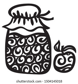 Beautiful jam and apple. Black and white sketch. Vector illustration