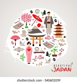 Beautiful Japan card. Isolated flat icons on brush stroke background. Travel concept. Clothes and cuisine, architecture and nature. Cultural symbols arranged in circle. Cute style. Vector illustration