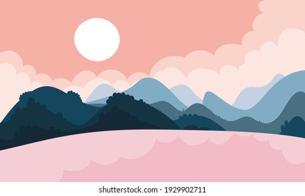 Beautiful Japan landscape flat cartoon illustration. Asian nature, sunshine, summer scene banner design. Forest and mountains abstract printing card.