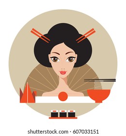 Beautiful Japan Travel banner with Geisha Sushi Origami and Noodles