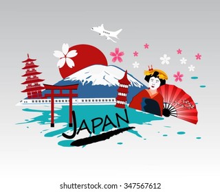Beautiful Japan Travel Landmarks. Vector and Illustration