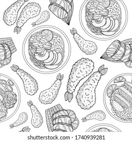 Beautiful japanese food, great design for any purposes. Doodle line drawing vector seamless pattern. Trendy menu texture. Sketch drawing. Japanese and asian food background. Business concept.