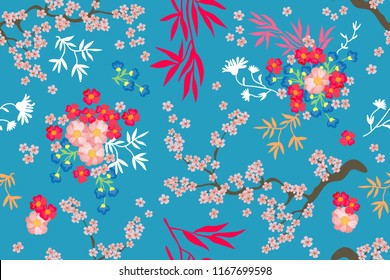 Beautiful Japanese garden. Seamless vector pattern with leaves and flowers inspired by oriental art. On blue background.