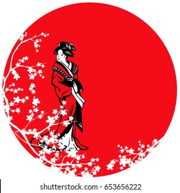 beautiful japanese geisha among sakura blossom against red sun vector design.
