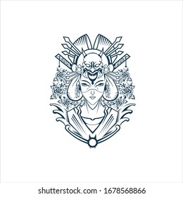 Beautiful Japanese Geisha Grasping Vector illustration of flowers.