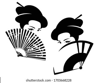 beautiful japanese geisha hiding face behind fan  - black and white vector portrait of asian beauty